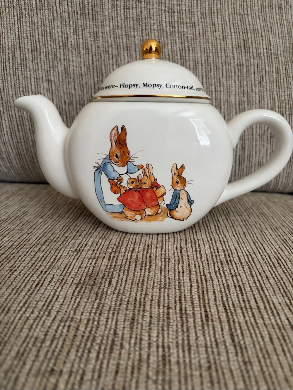 White Ceramic Beatrix Potter Bunny Teapot with Gold Accent